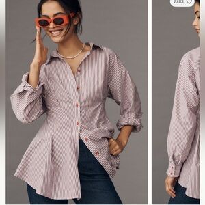 Anthropologie Pink and White Striped Button-Down Shirt